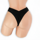 Onyx black high waisted scrunch v-back thong on mannequin, back view, Golddiggers Boutique