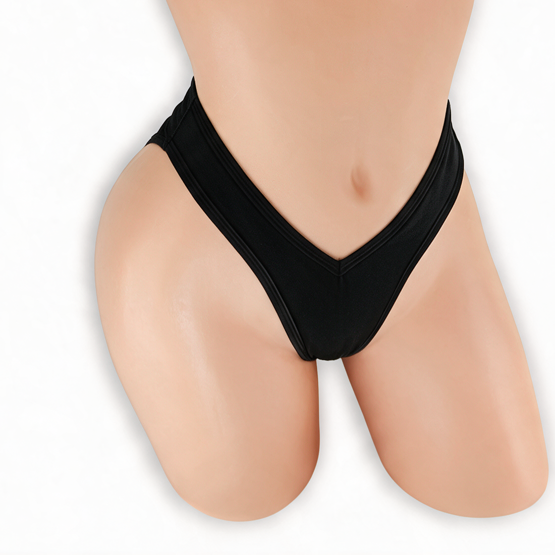 Onyx black high waisted scrunch v-back thong on mannequin, front view, Golddiggers Boutique