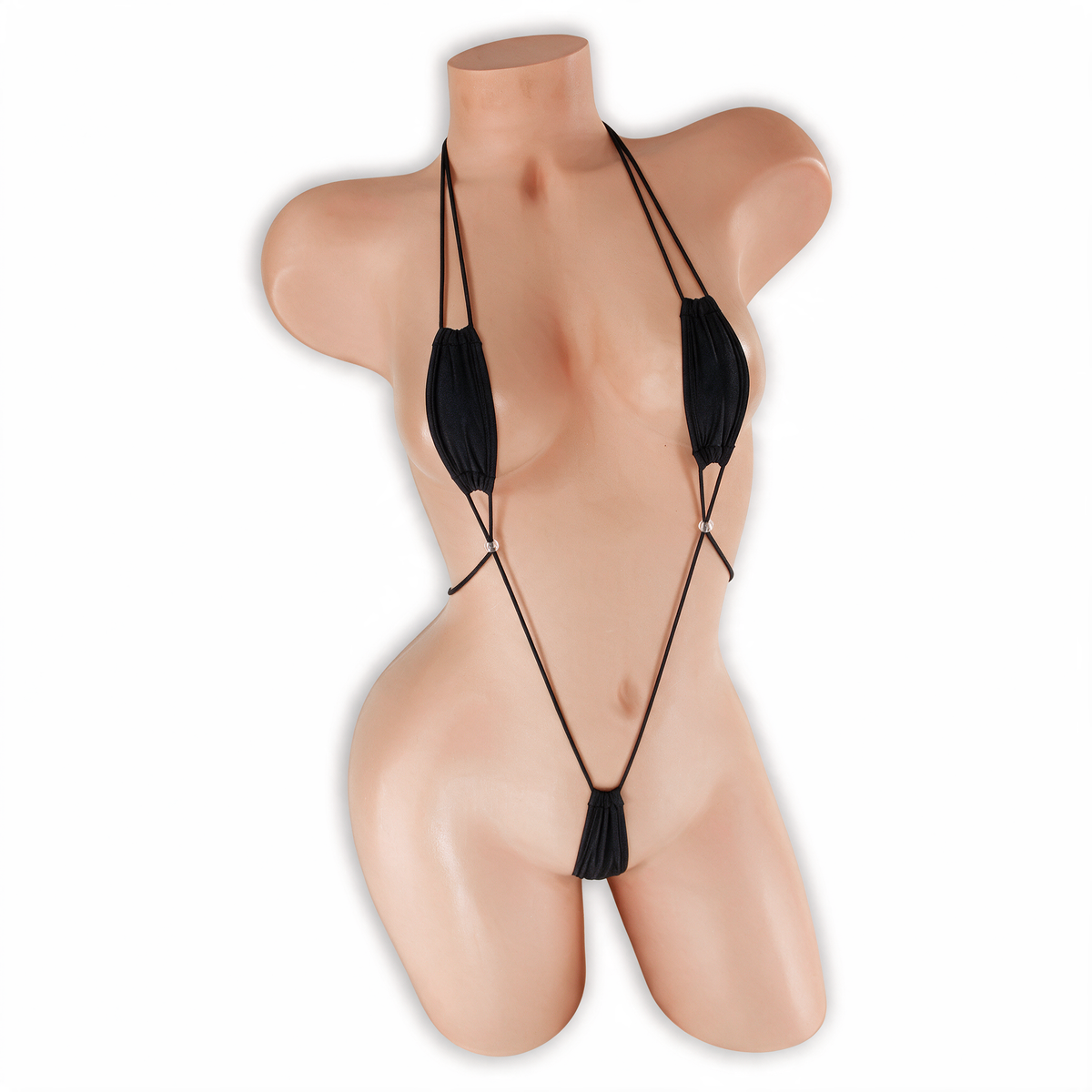Onyx (Black) Kali Teeny Weeny Slingshot Bodysuit front view on mannequin, tiny scrunched cups and micro pouch
