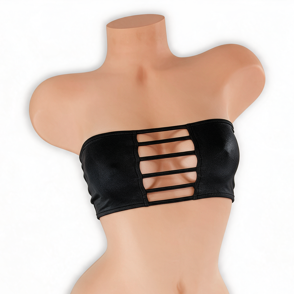 Onyx black ladder cutout bandeau top on mannequin, front view, Golddiggers Boutique