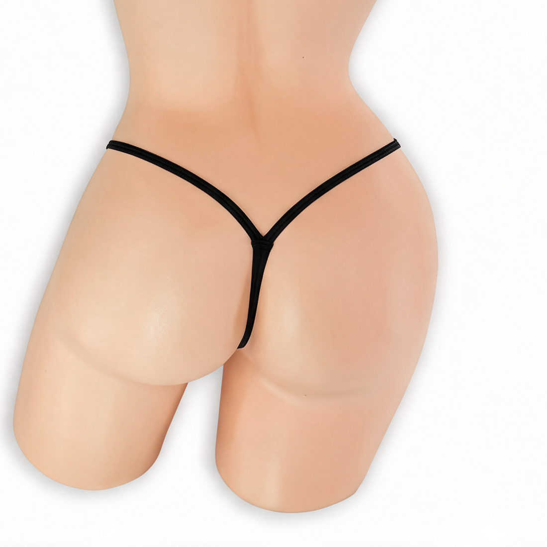 Onyx black mini v-back thong on mannequin, back view, Golddiggers Boutique