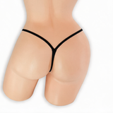 Onyx black mini v-back thong on mannequin, back view, Golddiggers Boutique