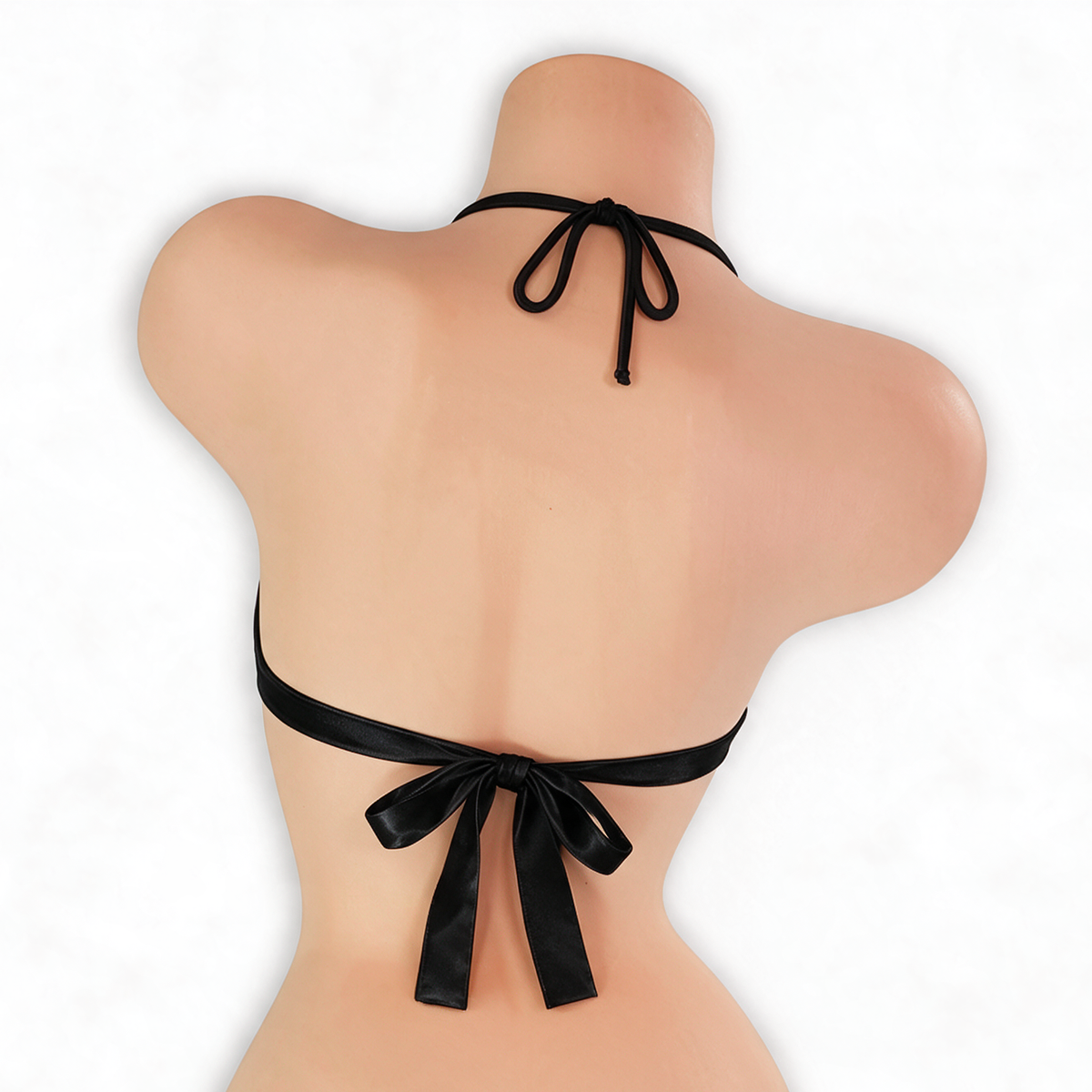 Onyx black open front o-ring top on mannequin, back view, Golddiggers Boutique