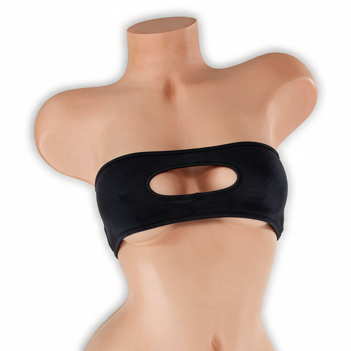 Onyx black peekaboo bandeau top with keyhole on mannequin, front view, Golddiggers Boutique