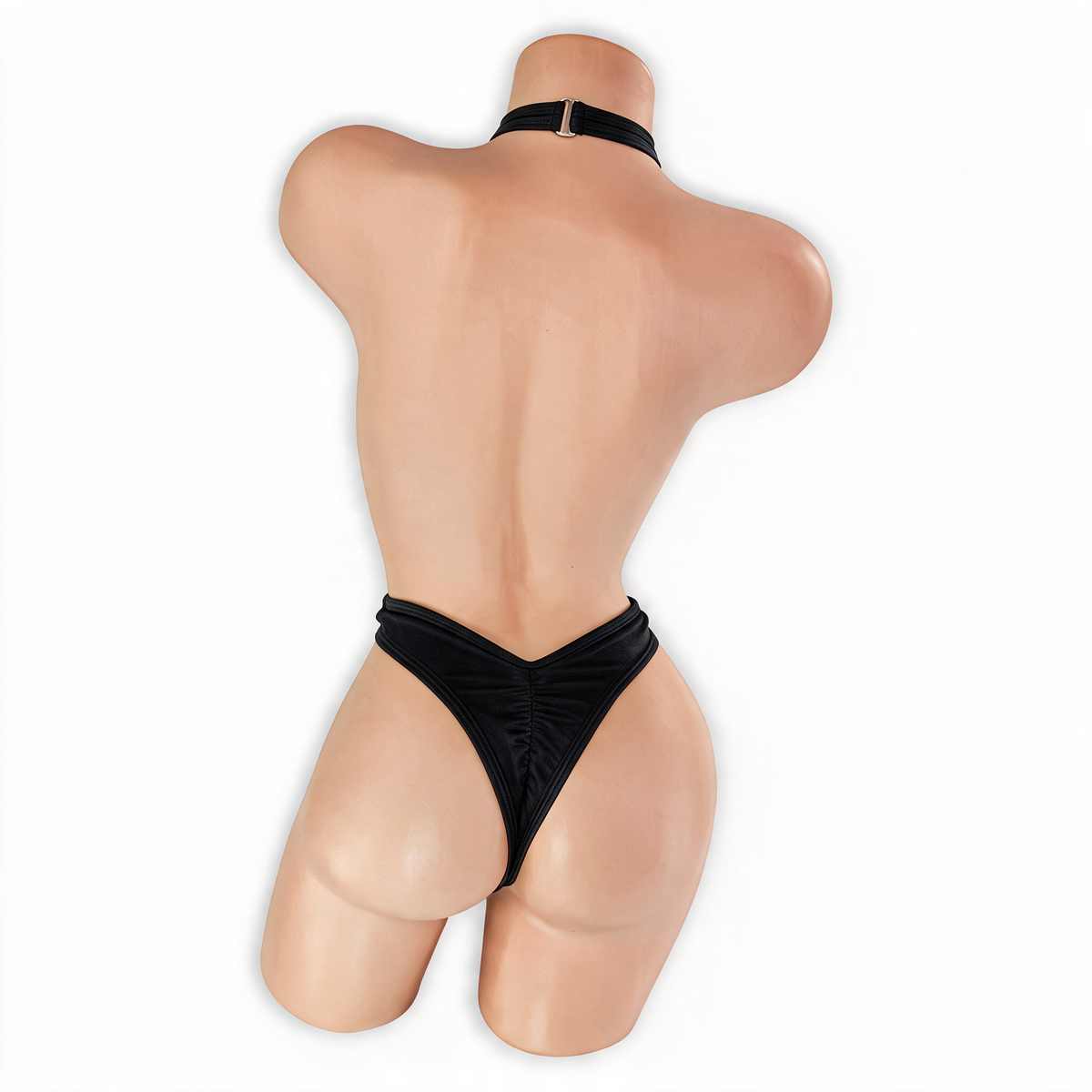 Onyx black Savannah criss cross halter thong bodysuit, back, Golddiggers Boutique