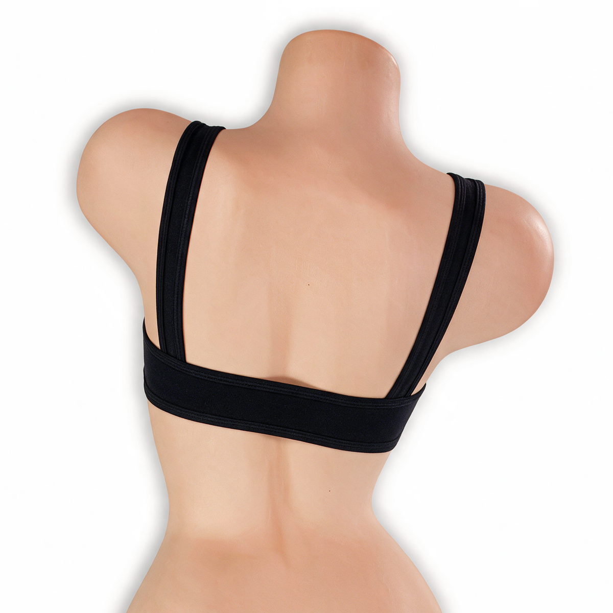 Onyx black sleek underboob top on mannequin, back view, Golddiggers Boutique