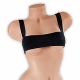 Onyx black sleek underboob top on mannequin, front view, Golddiggers Boutique