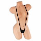 Onyx black suspender slingshot thong on mannequin, front view, Golddiggers Boutique