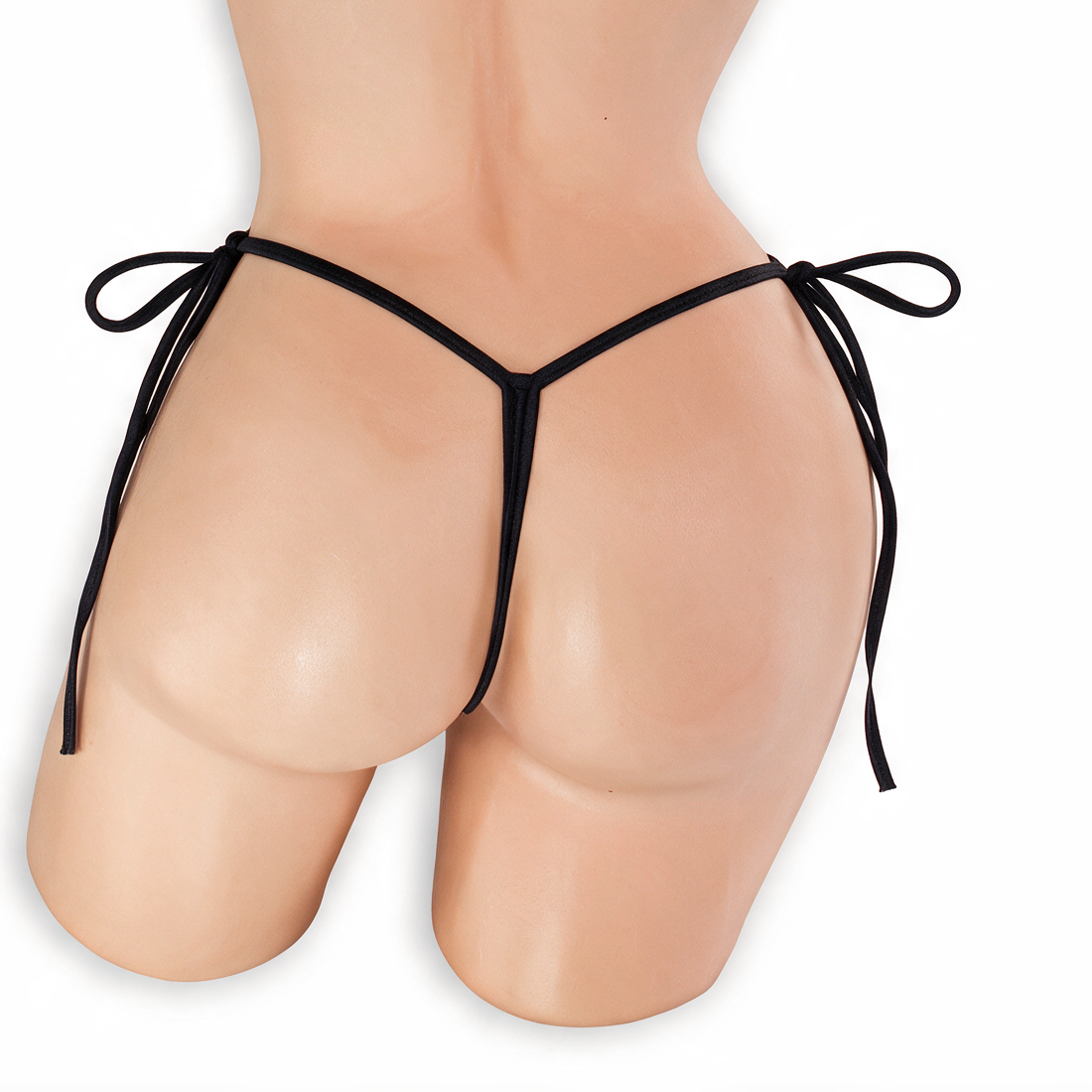 Onyx black tie side t-back thong on mannequin, back view, Golddiggers Boutique