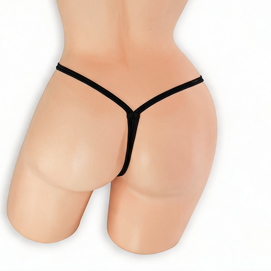 Onyx black wide strap low rise v-back thong on mannequin, back view, Golddiggers Boutique
