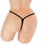 Onyx black wide strap low rise v-back thong on mannequin, back view, Golddiggers Boutique