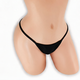 Onyx black wide strap low rise v-back thong on mannequin, front view, Golddiggers Boutique