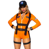 Close front view of orange astronaut costume zip-up romper with harness and cap - Golddiggers Boutique
