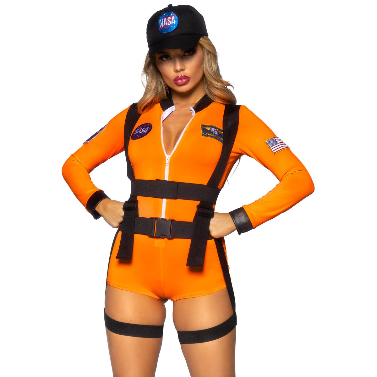Close front view of orange astronaut costume zip-up romper with harness and cap - Golddiggers Boutique