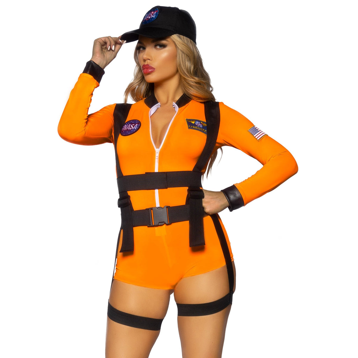 Close front pose of orange astronaut costume zip-up romper with harness and cap - Golddiggers Boutique