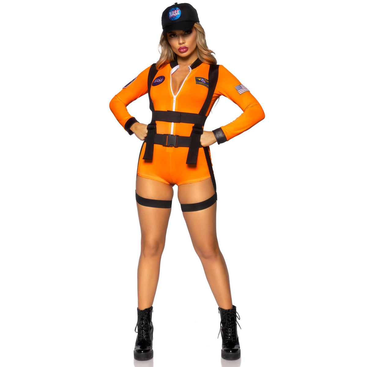 Front view of orange astronaut costume zip-up romper with harness and cap - Golddiggers Boutique