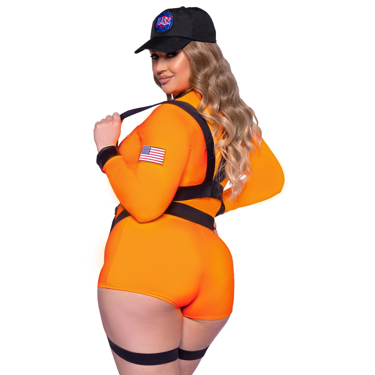 Close back view of plus size orange astronaut costume zip-up romper with harness and cap - Golddiggers Boutique
