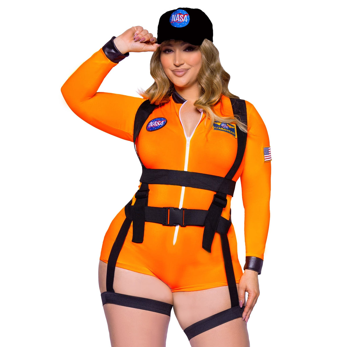 Close front view of plus size orange astronaut costume zip-up romper with harness and cap - Golddiggers Boutique