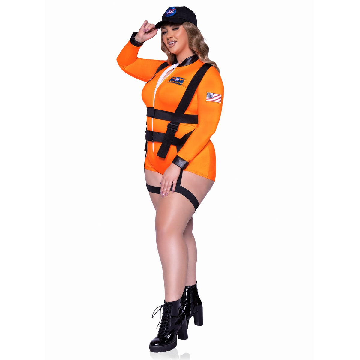 Side view of plus size orange astronaut costume zip-up romper with harness and cap - Golddiggers Boutique