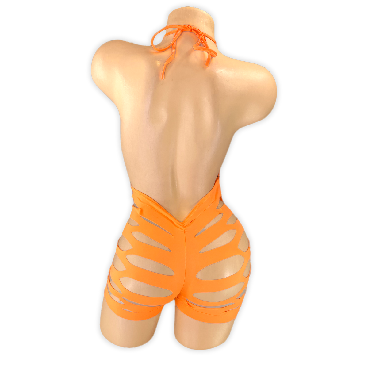 Orange Ava fishnet ladder cutout romper, back view