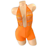 Orange Ava fishnet ladder cutout romper, front view