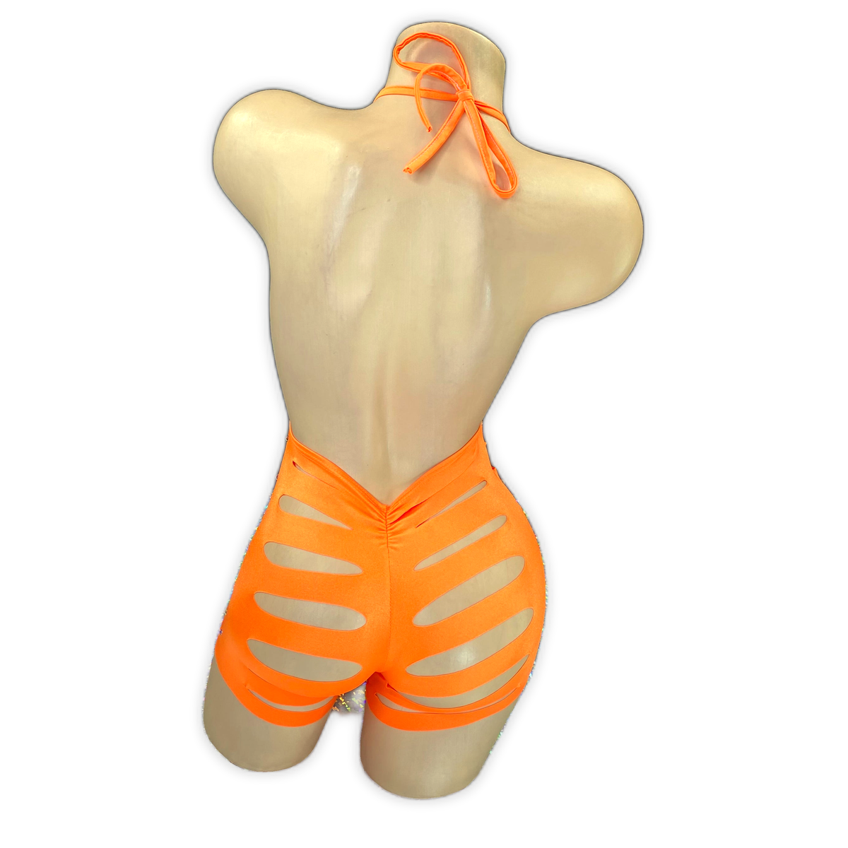 Orange Ava rhinestone ladder cutout romper, back view with scrunch seat and slashed shorts