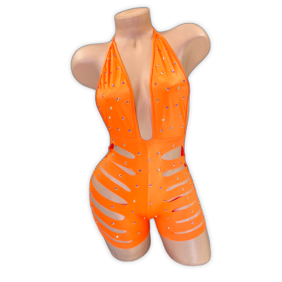 Orange Ava rhinestone ladder cutout romper, front view on mannequin