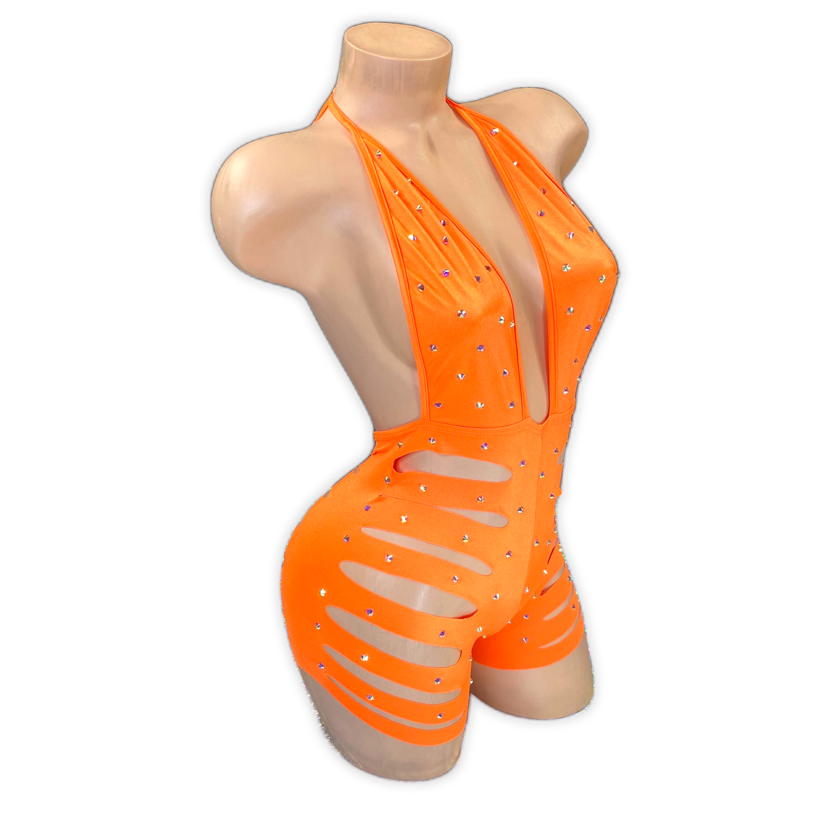 Orange Ava rhinestone ladder cutout romper, side view showing the ladder cutouts