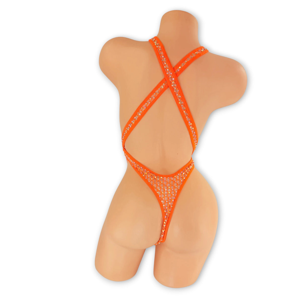 Back view of the Orange Gumdrop Ann bodysuit showing the rhinestone straps crossing in an X and the thong back