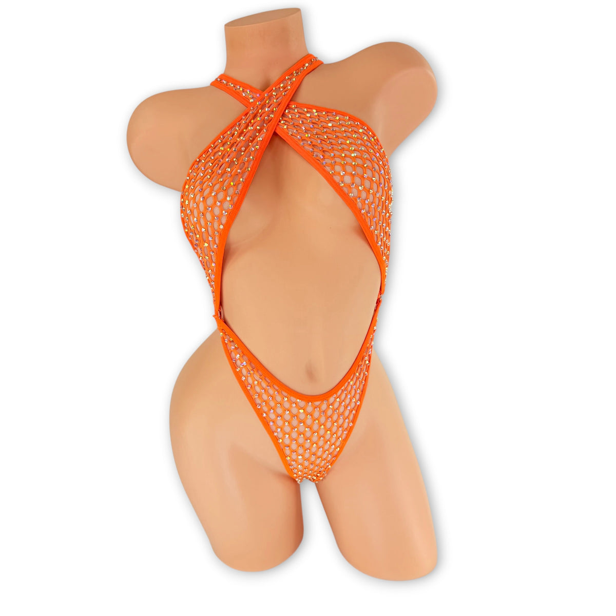 Orange Gumdrop Ann criss-cross rhinestone cabaret net bodysuit on a mannequin, front view with straps crossing over the chest