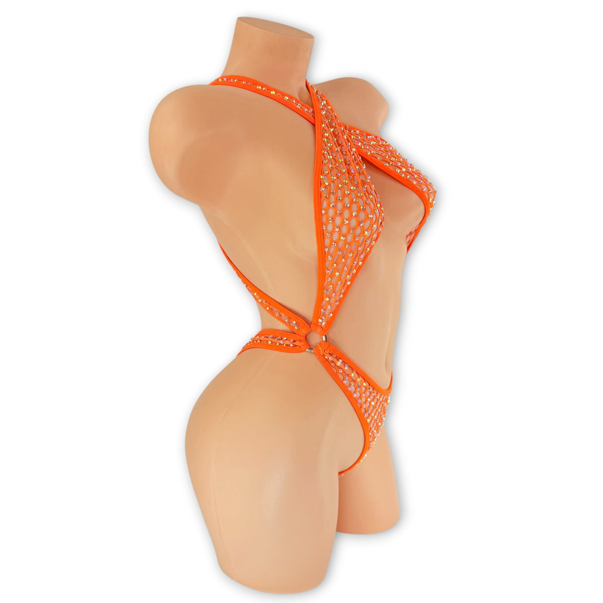 Side angle of the Orange Gumdrop Ann rhinestone cabaret net bodysuit showing the o-ring detail at the hip
