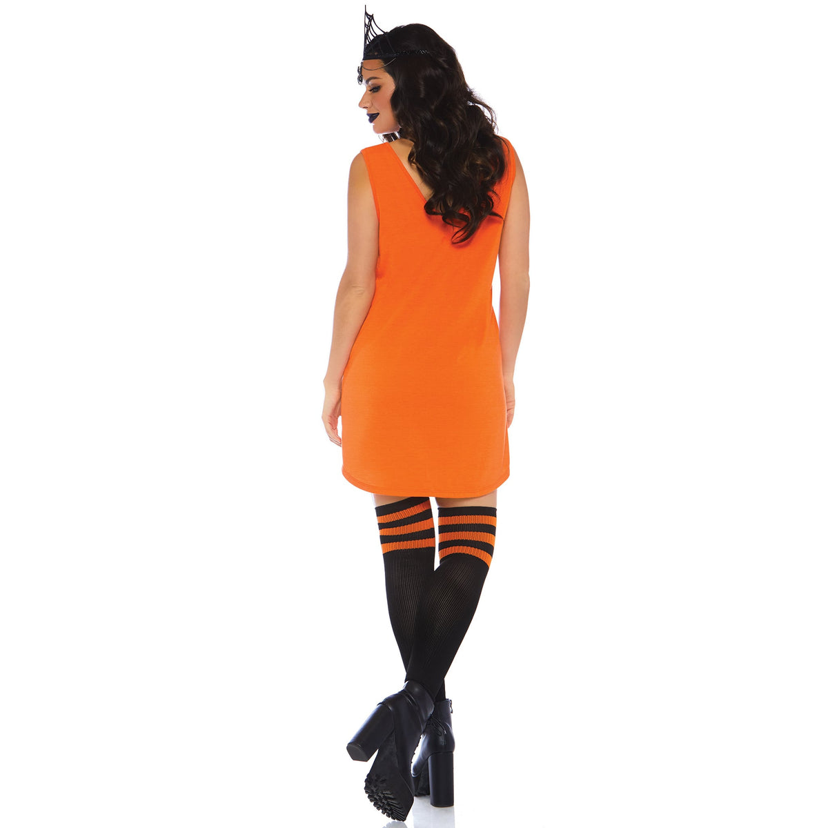 Back view of orange halloween graphic jersey tank dress costume - Golddiggers Boutique
