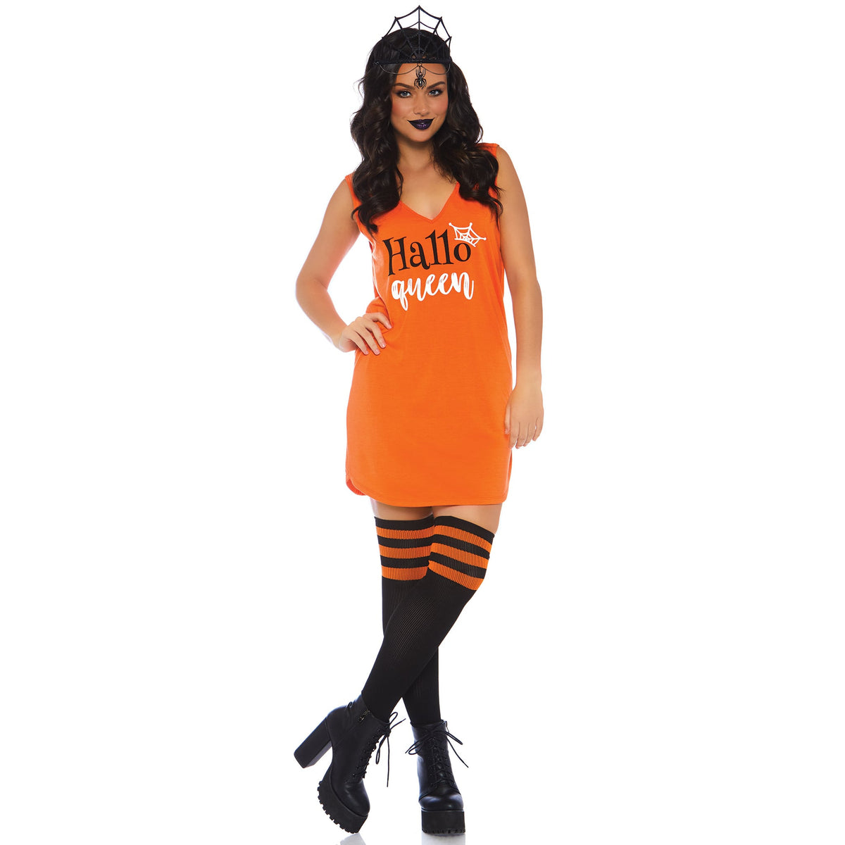Front view of orange halloween graphic jersey tank dress costume - Golddiggers Boutique