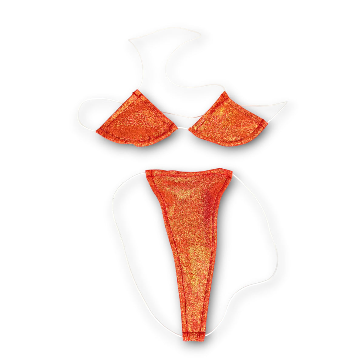 Orange Holo teeny tiny micro 'kini flat lay, sparkling orange holographic triangle top and g-string on white elastic strings