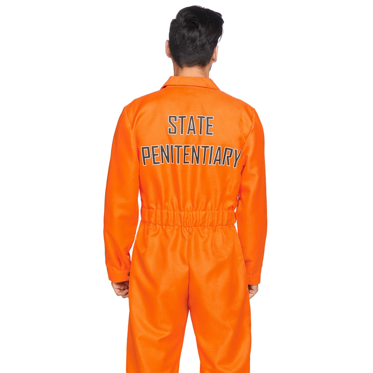 Close-up back view of orange men's prison jumpsuit costume - Golddiggers Boutique