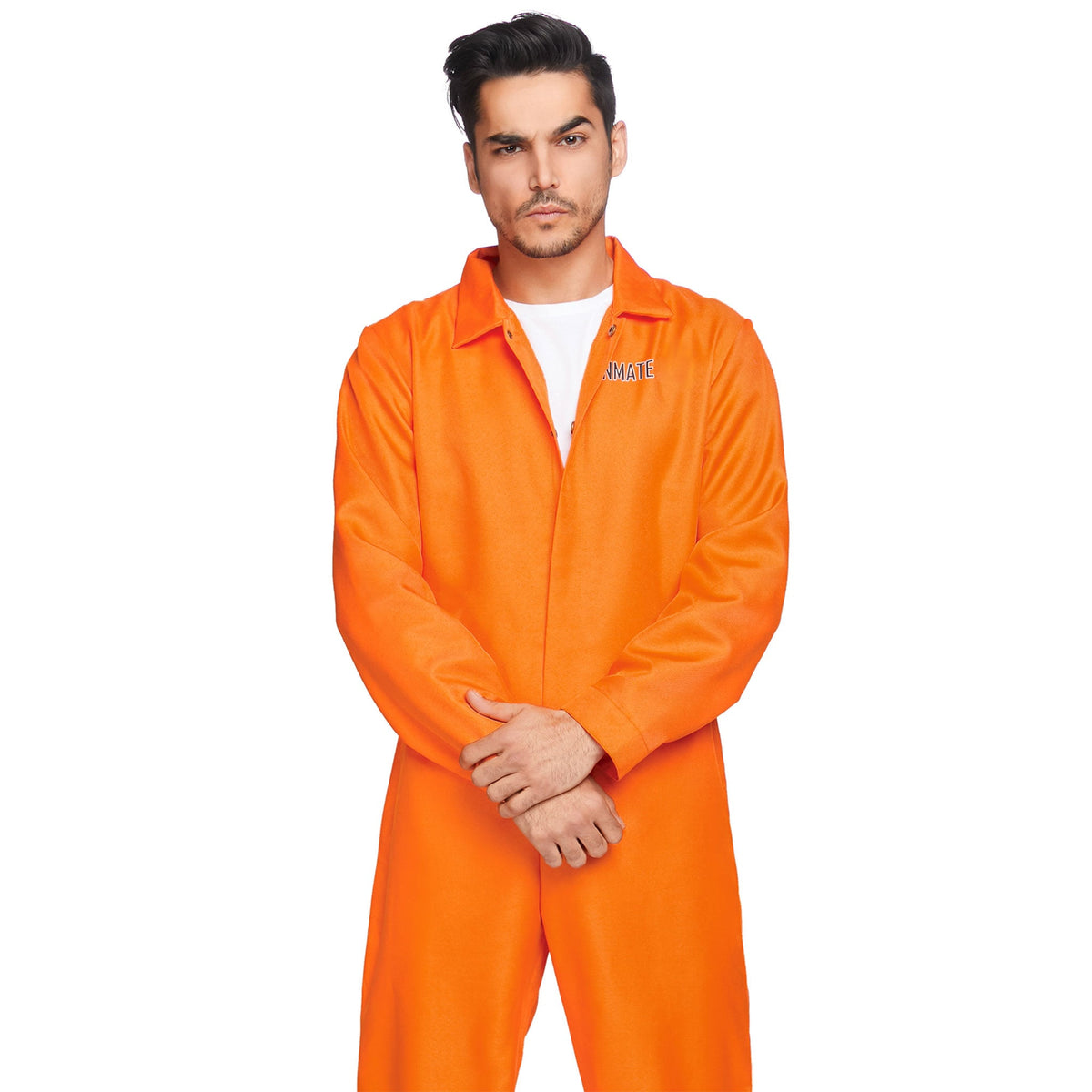 Close-up front view of orange men's prison jumpsuit costume - Golddiggers Boutique