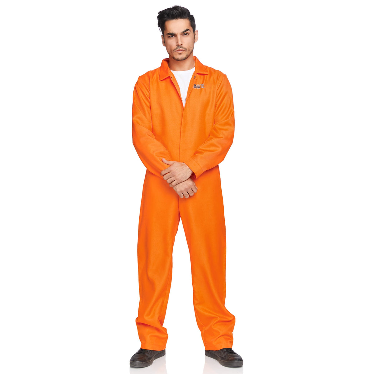Front view of orange men's prison jumpsuit costume - Golddiggers Boutique