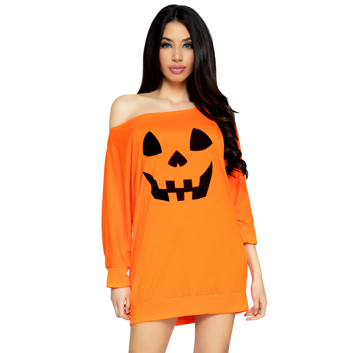 Close-up front view of orange pumpkin face off-shoulder jersey dress costume - Golddiggers Boutique