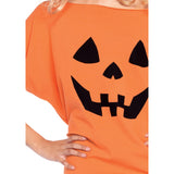 Detail view of orange pumpkin face off-shoulder jersey dress costume - Golddiggers Boutique