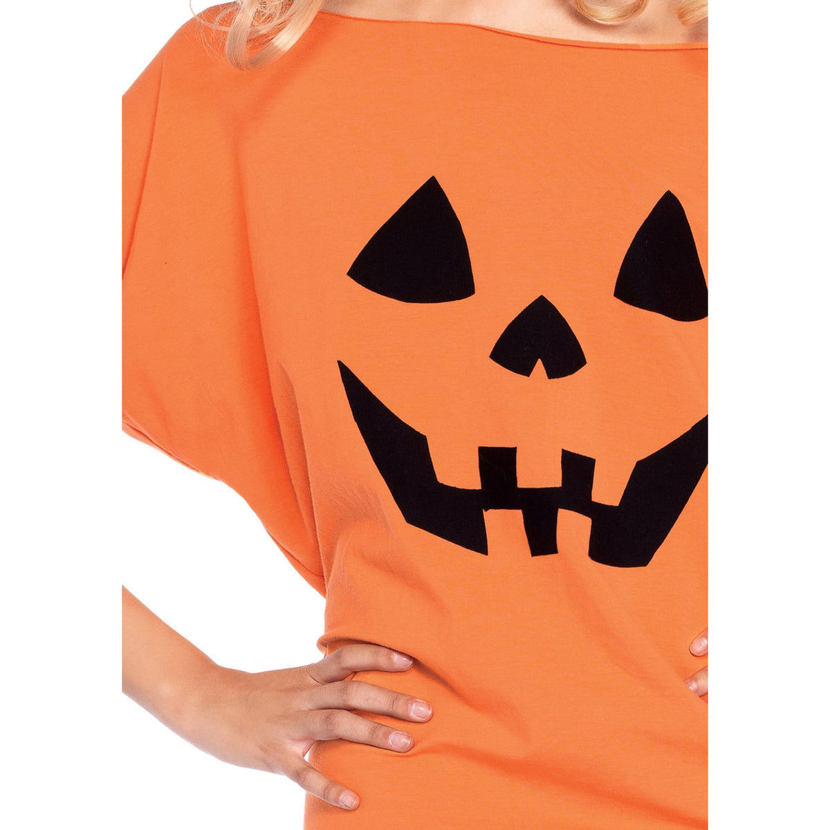 Detail view of orange pumpkin face off-shoulder jersey dress costume - Golddiggers Boutique