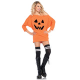 Front view of orange pumpkin face off-shoulder jersey dress costume - Golddiggers Boutique