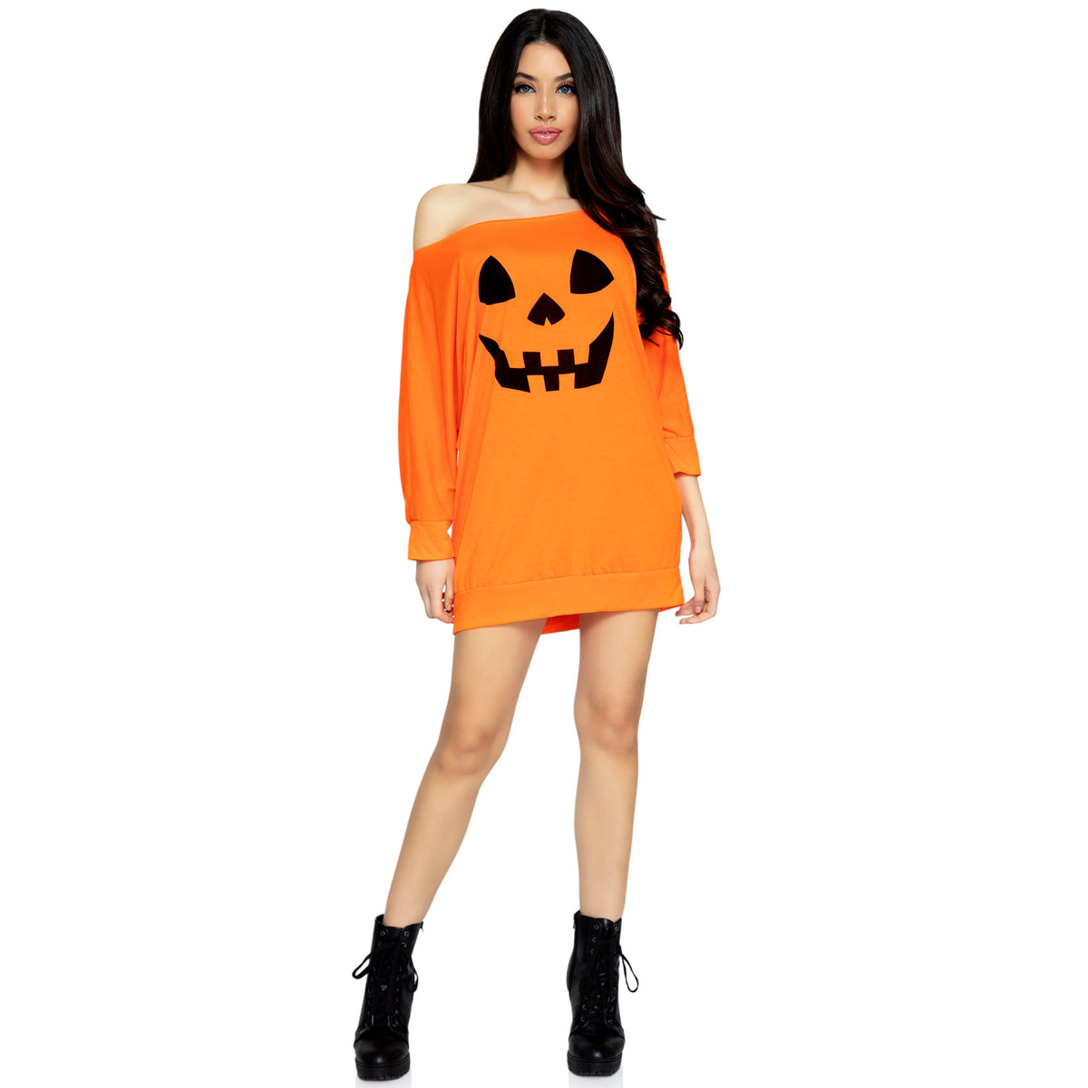 Front view of orange pumpkin face off-shoulder jersey dress costume - Golddiggers Boutique