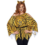 Close-up front view of orange tiger poncho costume with belt and ear headband - Golddiggers Boutique