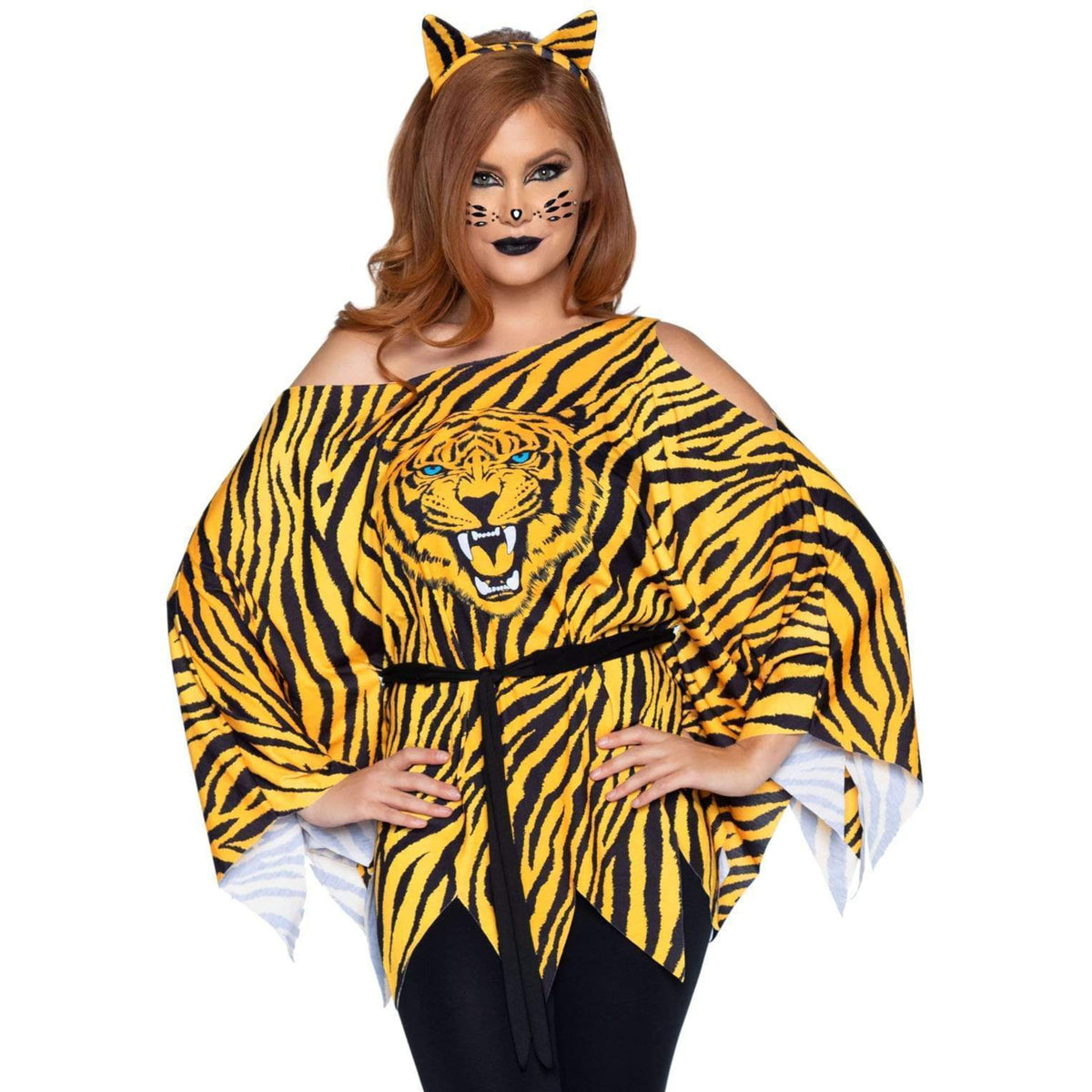 Close-up front view of orange tiger poncho costume with belt and ear headband - Golddiggers Boutique
