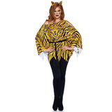 Front view of orange tiger poncho costume with belt and ear headband - Golddiggers Boutique
