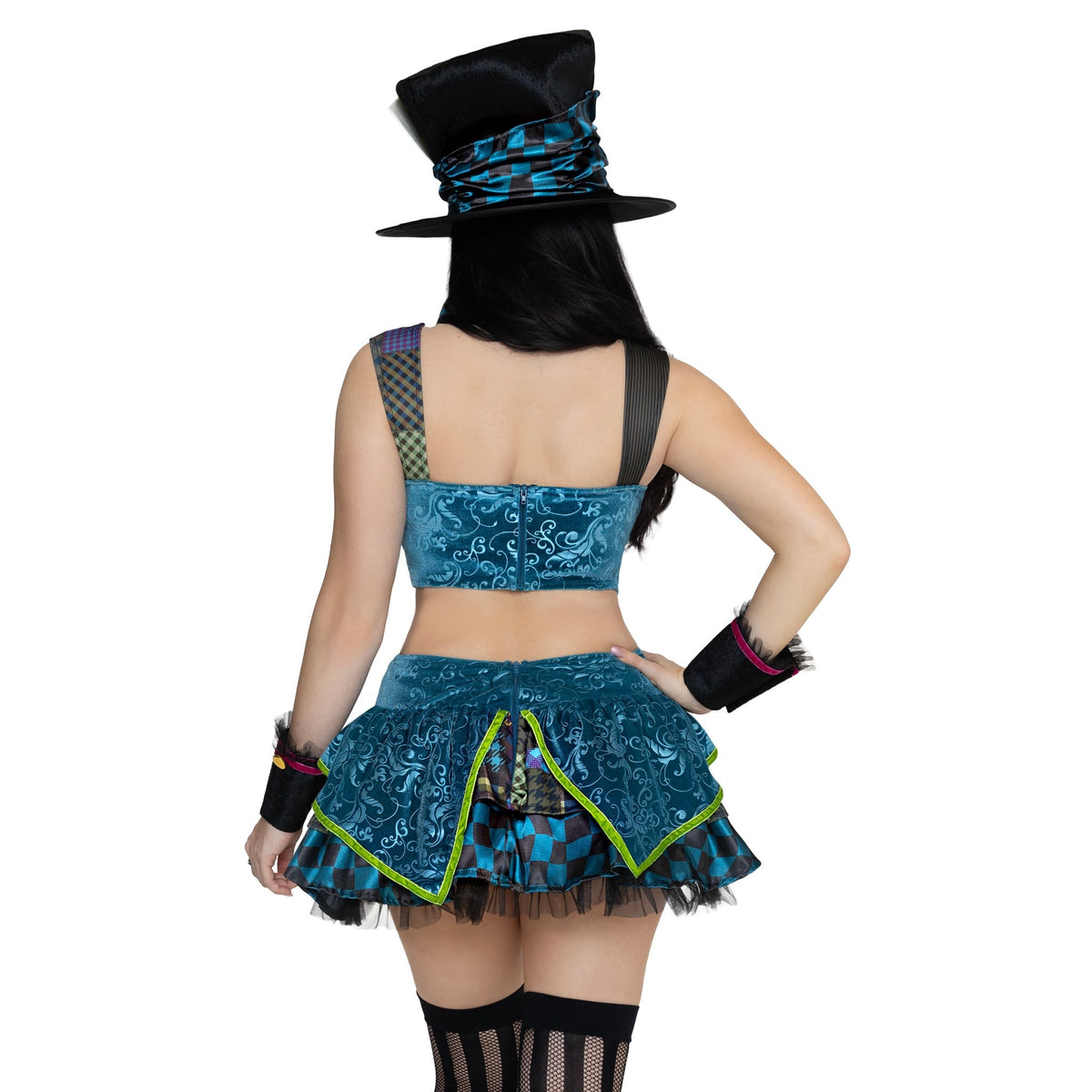 Close back view of patchwork mad hatter costume with top hat and bow tie - Golddiggers Boutique