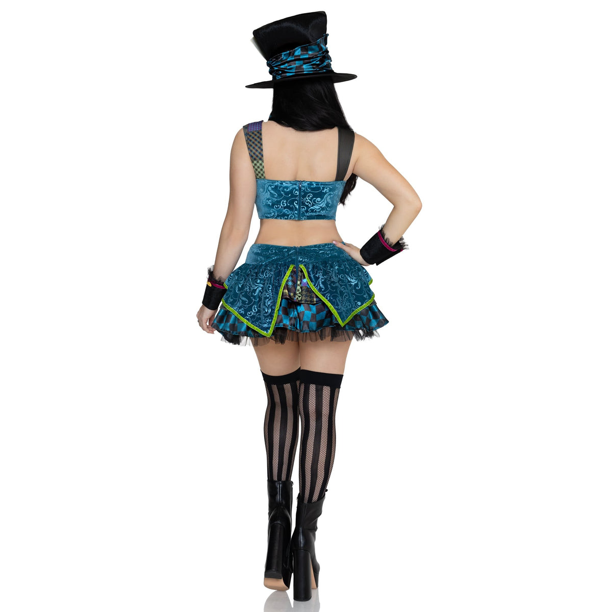 Back view of patchwork mad hatter costume with top hat and bow tie - Golddiggers Boutique