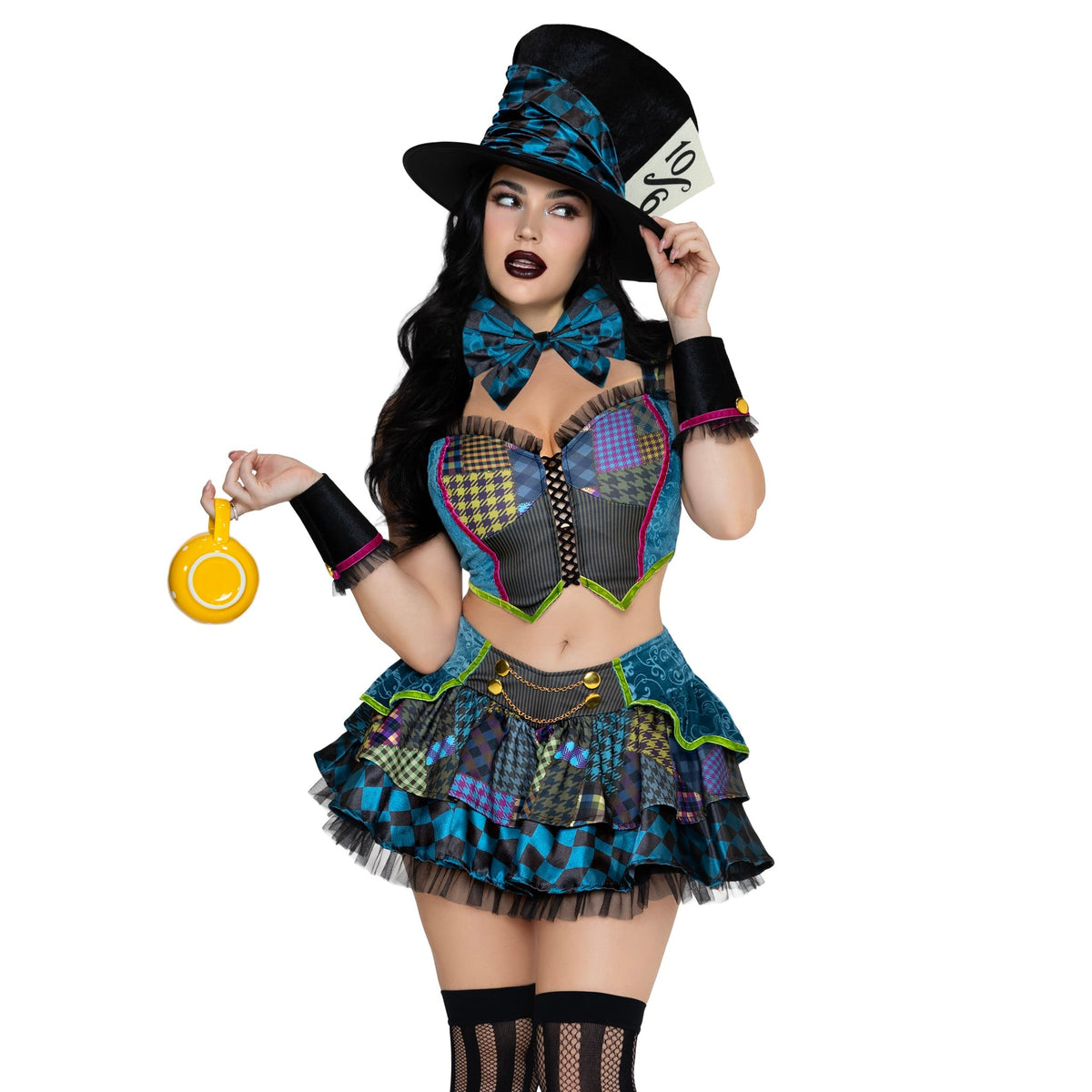Close front view of patchwork mad hatter costume with top hat and bow tie - Golddiggers Boutique