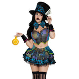 Close front view of patchwork mad hatter costume with top hat and bow tie - Golddiggers Boutique