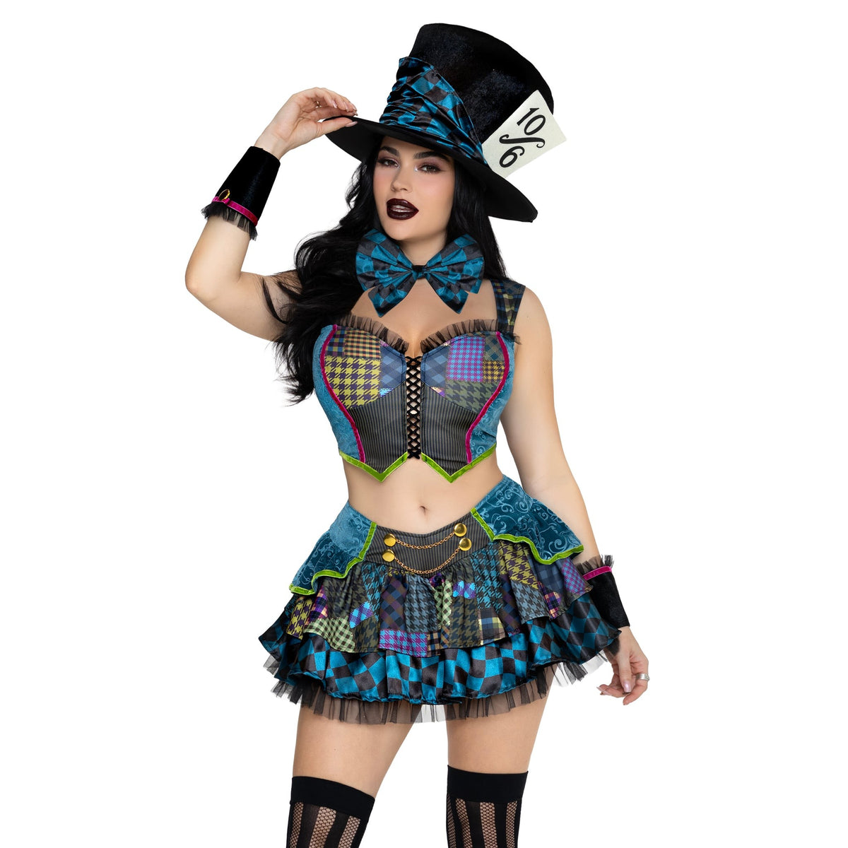 Close front pose of patchwork mad hatter costume with top hat and bow tie - Golddiggers Boutique